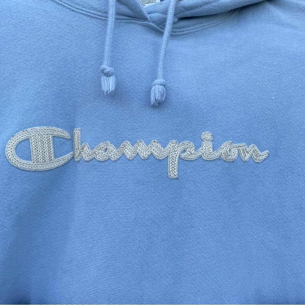Champion Spellout Hoodie Blue Ombre Dip Dye Reverse Weave Embroidered Sweatshirt - Picture 9 of 14